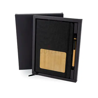 rPET and Bamboo Notebook with Pen Gift Sets in Black Cardboard Slide Box