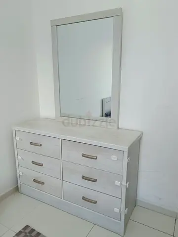 Bed with Light Grey Dresser with Mirror for Sale