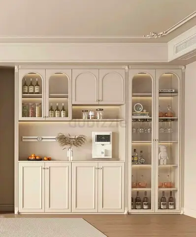 Elegant Beige Cabinet with Glass Shelves