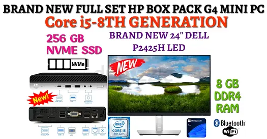 NEW FULL SET BOX PACK HP MINI PC 8TH GENRATION WITH NEW DELL P2425H LED-CORE i5-8500T-8GB RAM-256GB