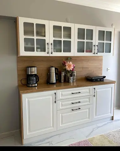 Modern White and Wood Kitchen Cabinet with Glass Doors