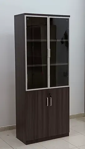 Wooden 2-Door Book Cabinet with Glass Doors – Modern Wenge Melamine Bookshelf for Home  Office