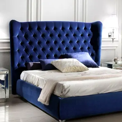 Elegant Blue Velvet  king Bed with Stylish Headboard