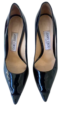 Authentic Jimmy Choo black patent pumps (size 37.5). Pre-loved with visible scuffs but still in eleg