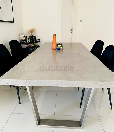 Contemporary Concrete Dining Table with Sleek Metal Base, optional 4 chairs included
