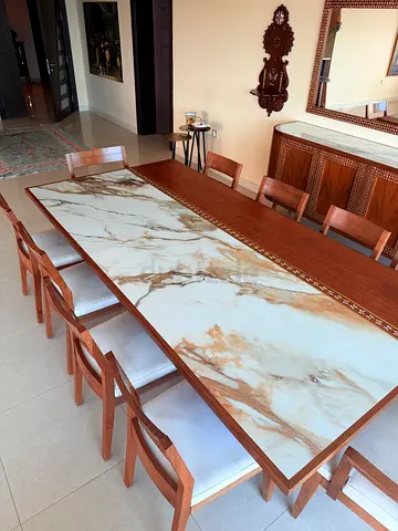 Elegant Marble Wood Top with Syrian Pearls Dinning Table with Cabinet for Sale
