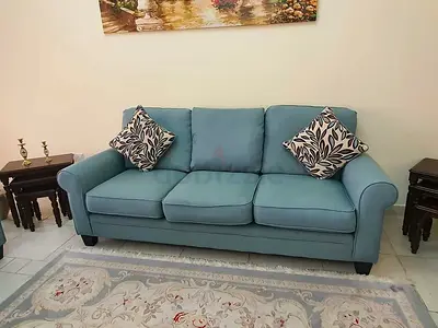 Comfortable Light Blue Sofa with Decorative Cushions