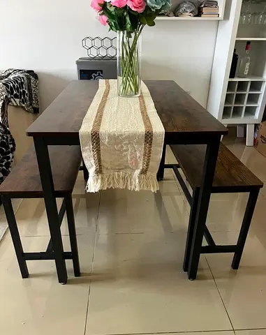 Chic Wooden Dining Table with Stools