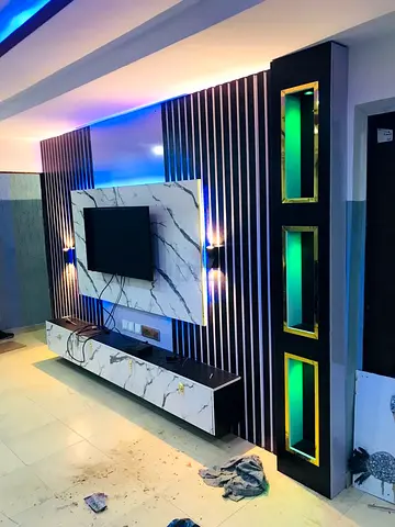 Modern Entertainment System with Stylish Backdrop