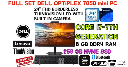 Full set Core i7-7th GENRATION WITH 24” BORDERLESS LED Dell OptiPlex 7050 MINI PC-DDR4 8 GB RAM-CAM