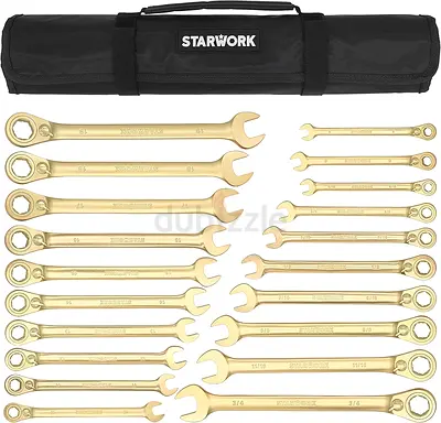STARWORK 20 Pc. 6-Point SAE, Metric 15° Offset Vintage G-Plating Reversible Non-Slip Long Pattern