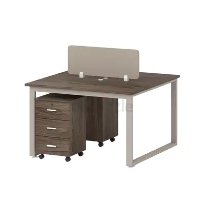2-Person Workstation Desk Walnut  Khaki with Privacy Divider and Mobile Drawers