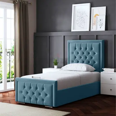 Elegant Blue Bed Frame with Tufted Headboard