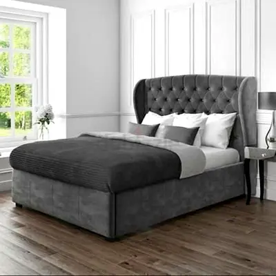 Elegant Grey Bed with Plush Headboard