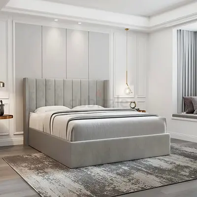 Fabric Upholstered King Size Bed In  Grey Colour
