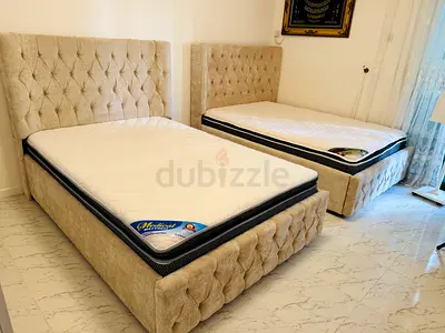سريرين جديدين فخامة مع مرتبتين 140-200 لون بيج Two new luxury beds with two