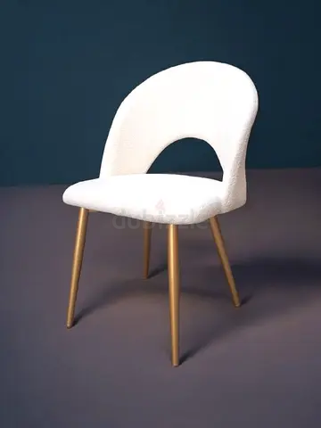 Modern Bouclé Dining Chair | Teddy Fabric Upholstery, Curved Back, Gold Metal Legs |