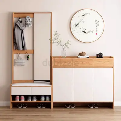 Modern Wooden Hallway Bench with Mirror and Storage