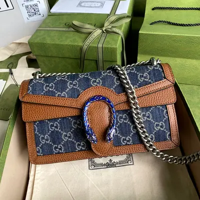 Gucci Dionysus Small Shoulder Bag In Washed Organic GG Jacquard Denim And Leather