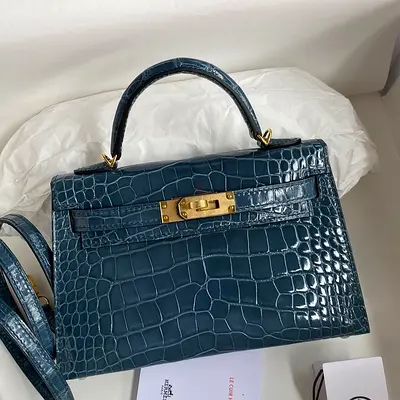 Hermes Kelly Mini II Sellier In Blue Jean Shiny Alligator Leather