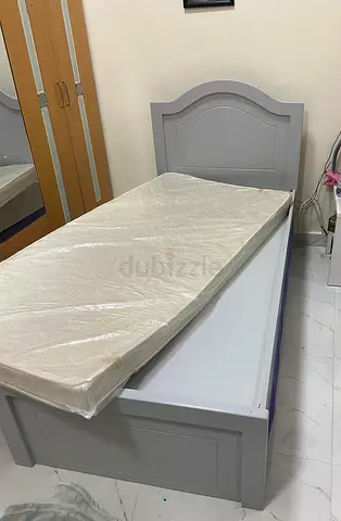 Stylish Single Grey Platform Bed with Mattress for Urgent Sale Immediatelyللجادين فقط البيع المستعجل