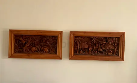 Two Beautiful Handmade Thai Teak wood Wall Art Panels