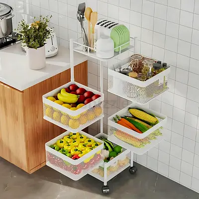 5 LAYER REVOLVING MULTI PURPOSE CART – WHITE COLOR | SQUARE SHAPE 5 TIER STORAGE TROLLEY