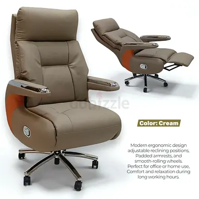 Cream Adjustable Recliner Office Chair - Ergonomic Boss Chair with Backrest  Footrest For Office