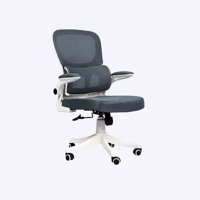 Modern Gray  White Mesh Office Chair with Flip-Up Arms - Ergonomic Swivel Desk Chair