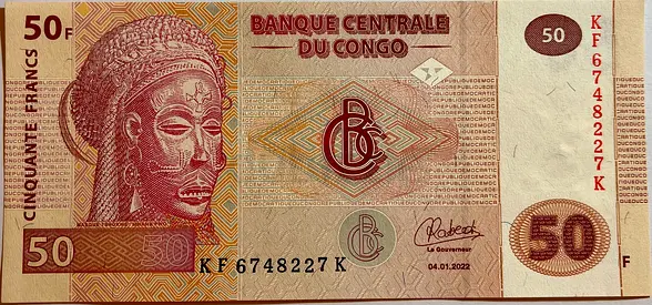 Currency of Republic of Congo 50 Francs Banknote 2022