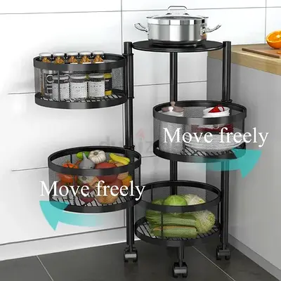 4 LAYER REVOLVING MULTI PURPOSE CART, OVAL SHAPE 4 TIER TROLLEY, BLACK COLOUR