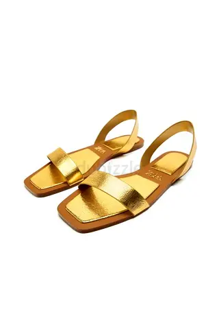 Zara Golden Flat Leather Slider Sandals