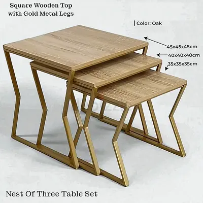 Wooden Oak Nest of 3 Tables with Gold Metal Legs – Modern Coffee Tables Set For Dubai Rooms