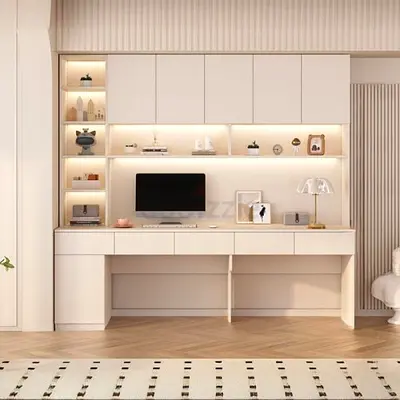 Modern White Study Table and Cabinet Set