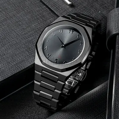 Sleek Black Mens Watch with Unique Dial