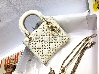 Dior Lady Dior Mini Chain Bag in White Lambskin with Star Embroidery