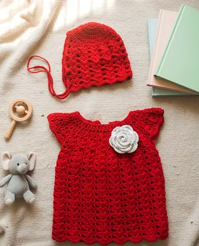 Adorable Handmade Baby Dress and Hat Set