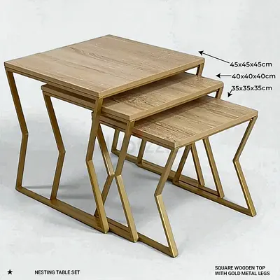 Stylish Nesting Table Set with Gold Metal Legs