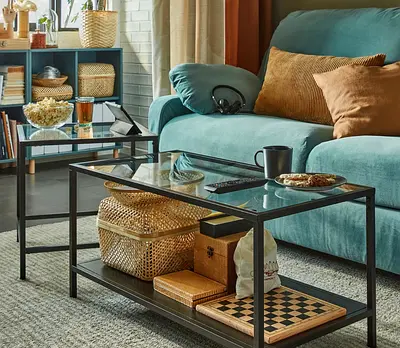 2 Stylish Glass-Top nesting Coffee Tables with Storage