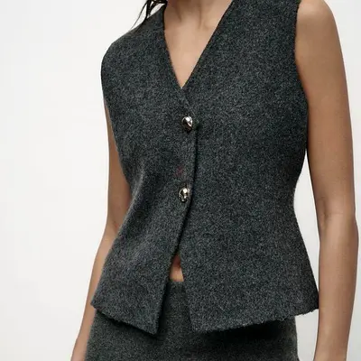 Zara Knit Waistcoat in Grey With Golden Buttons