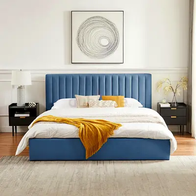Luxurious Blue Upholstered king Bed with Stylish Headboard