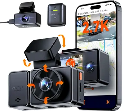 Vantrue E3 3 Channel 2.7K WiFi Dash Cam with GPS, Voice Control, STARVIS, IR Night Vision, 24 Hour B