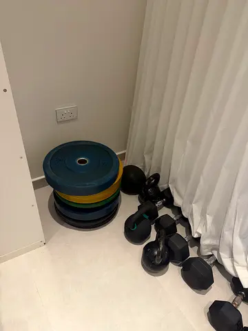 Weight Plates, Rack, CrossFit set up, wall ball, kettlebell and Dumbbells for Home Gym Setup