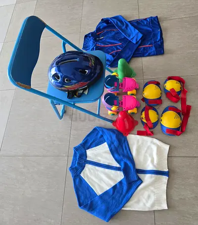 Kids Skating Gear Set with Helmet and Protective Pads, along with free chair  sweater, carromboard.