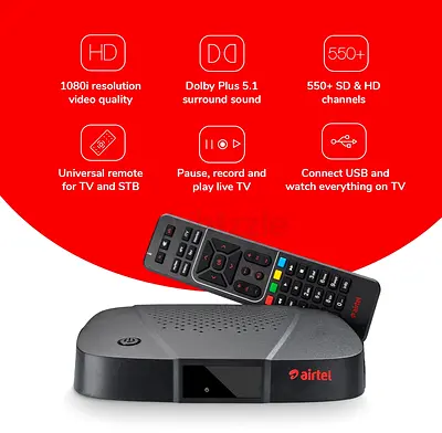 Airtel Dish TV Reciever with Remote and Dish Antena
