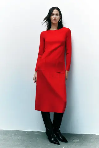Zara Knit Dress With Patch Pocket in Red
