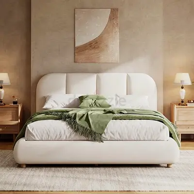 Modern Upholstered Linen Fabric Bed Frame with Wooden Leg - with Curved Headboard Design
