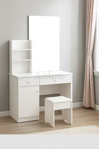 White Melamine Dressing Table with Mirror – Stylish Vanity Table with Drawer  Cabinet for Homes