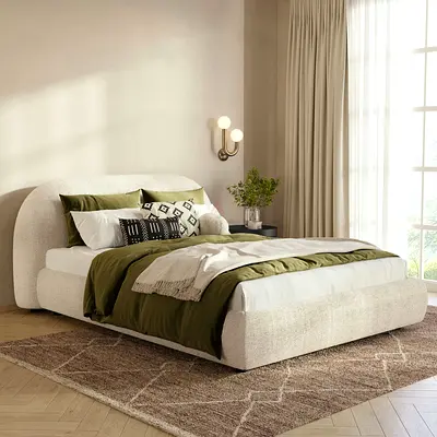 Modern Upholstered Linen Fabric Bed Frame  with Curved Headboard Design