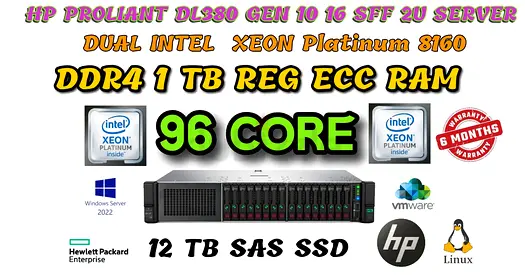 1 TB RAM 96 CORE-HP PROLIANT DL380 GEN 10 SERVER-2 INTEL XEON PLATINIUM 8160 CPU-8TB SSD- 2U SERVER